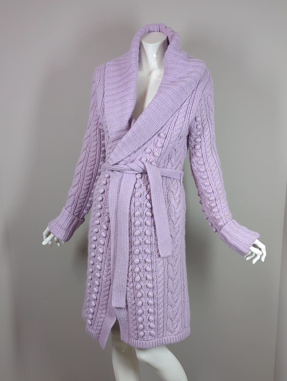 Marciano Lavender Cable-Knit Long Belted Cardigan Wool Small Sparkle